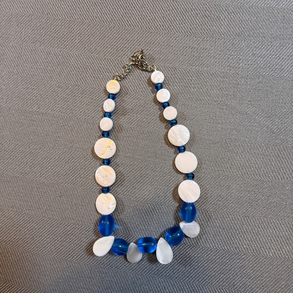Blue Glass and White Mother of Pearl Shell Beaded Necklace Coastal Nautical 18in